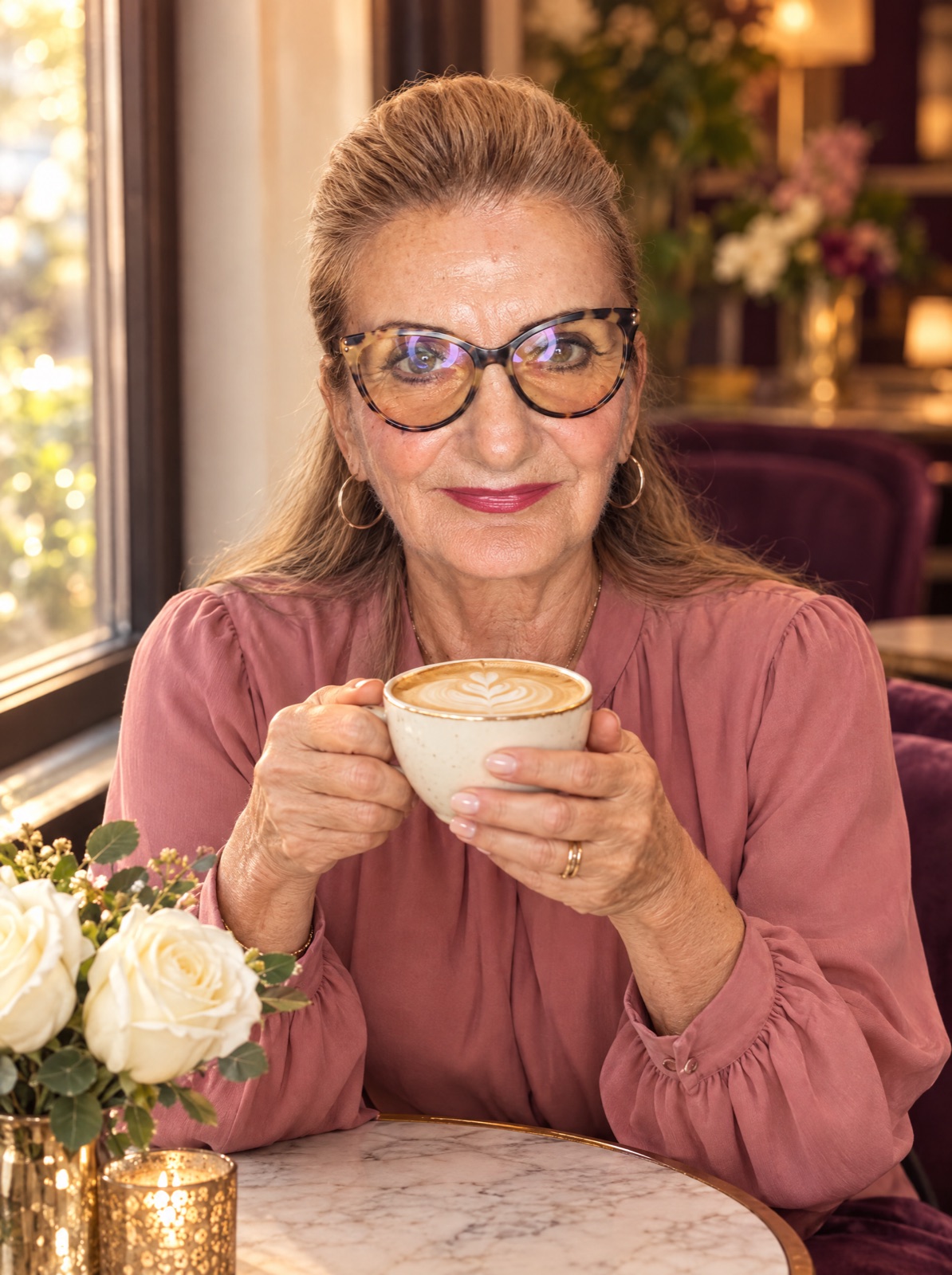 Camelia Tița cu o cafea, invitând la o discuție