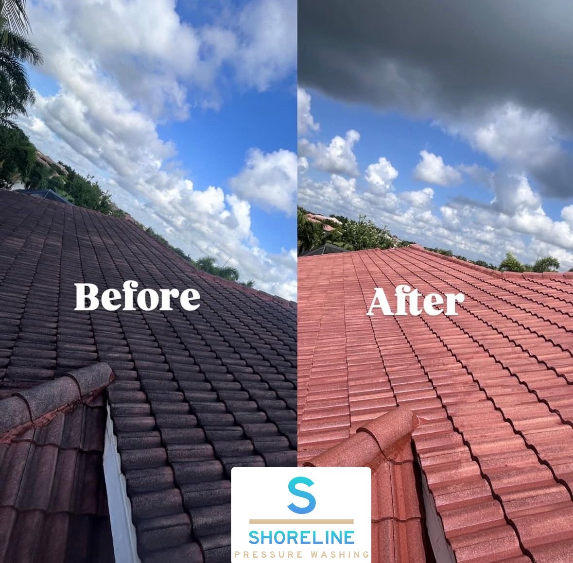 Before and after of a Shoreline Pressure Washing job on the Treasure Coast