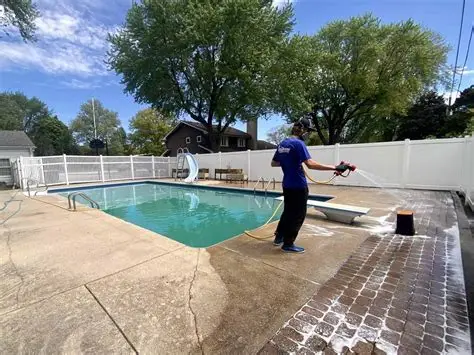 Pool deck after cleaning, with the slippery algae removed
