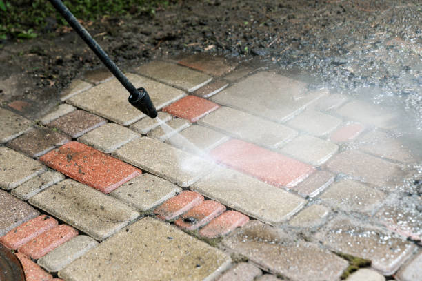 Paver driveway after cleaning and sealing, with the color brought back