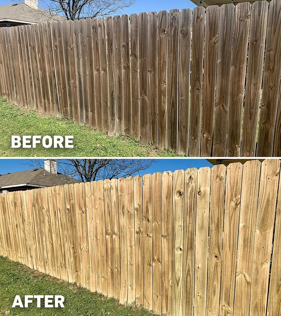 Wood fence before and after cleaning: weathered and grey on top, original color restored below
