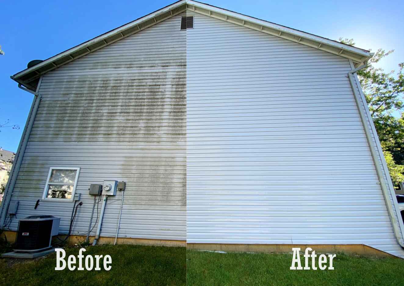 House siding before and after a soft wash: stained with mildew on the left, clean and bright on the right