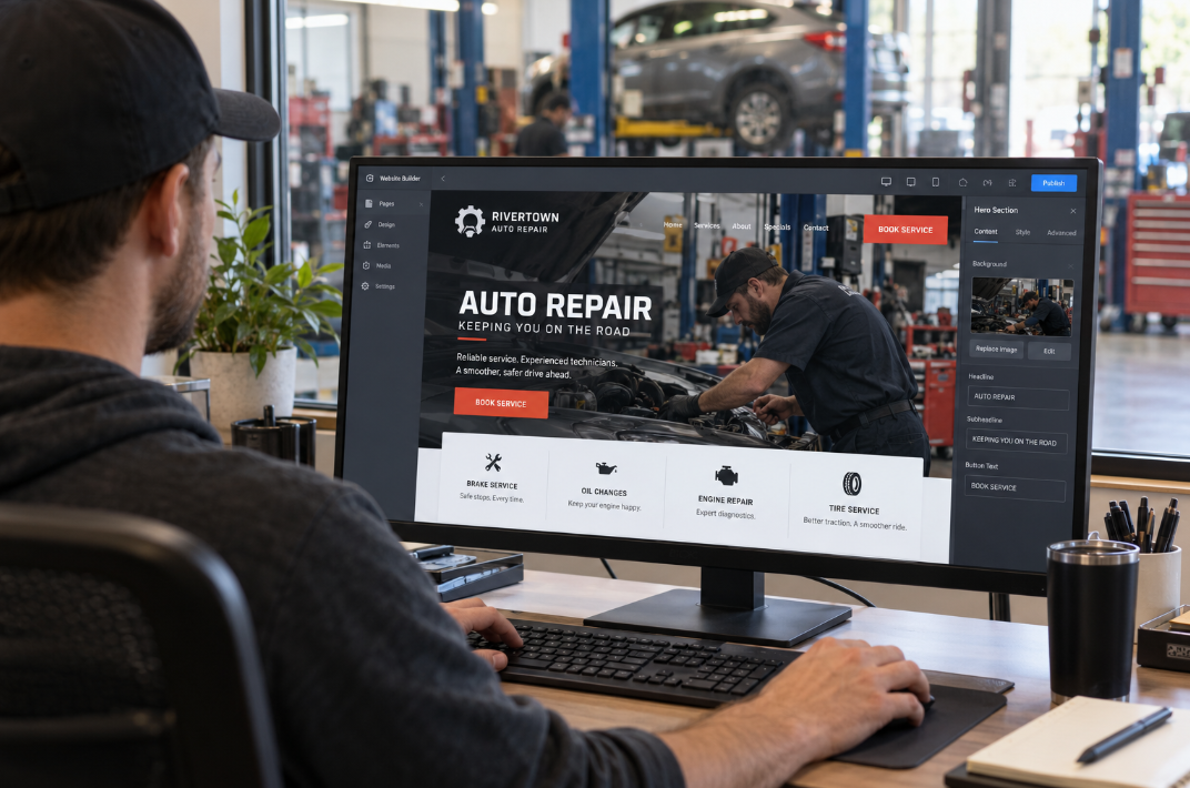Auto repair website displayed on a desktop monitor