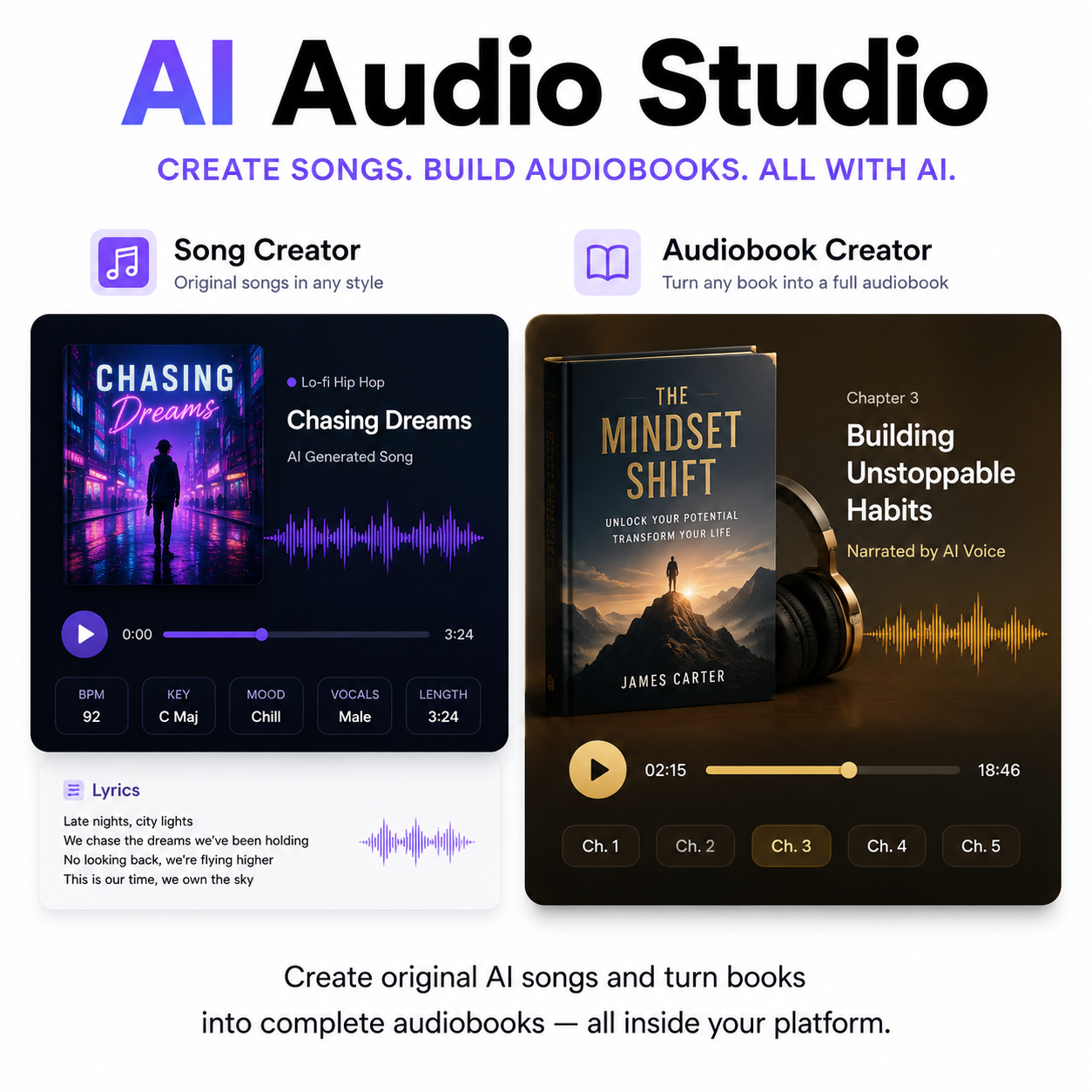 AI Audio Studio — create original AI songs and turn books into complete audiobooks