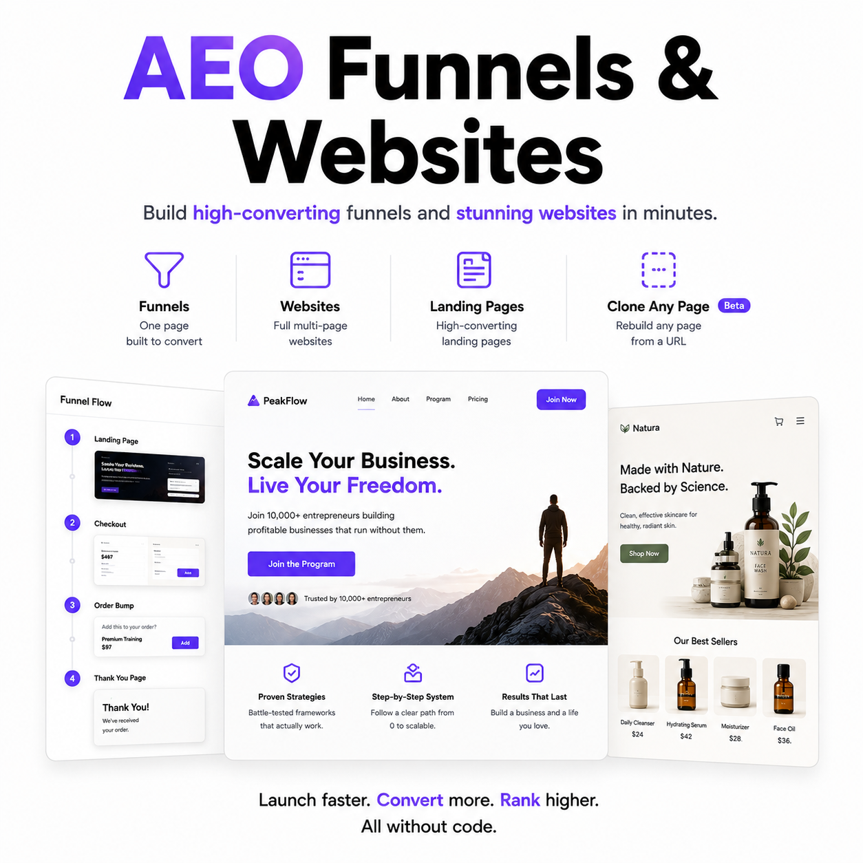 AEO Funnels and Websites — build high-converting funnels and full websites in minutes, no code