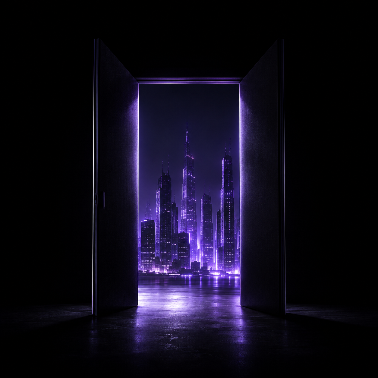 An open door looking out onto a neon-lit future city