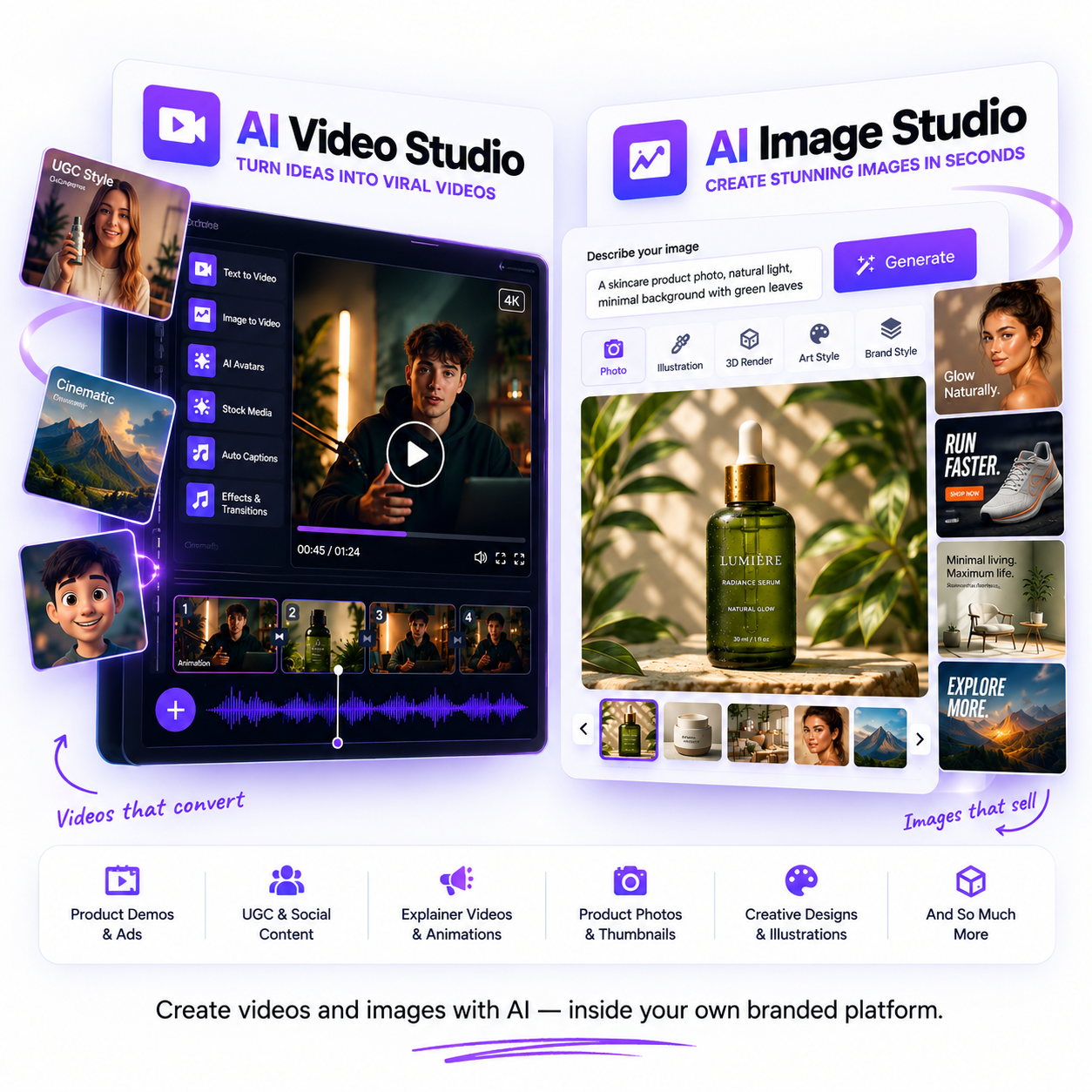 AI Video Studio and AI Image Studio — create videos and images with AI inside your own branded platform