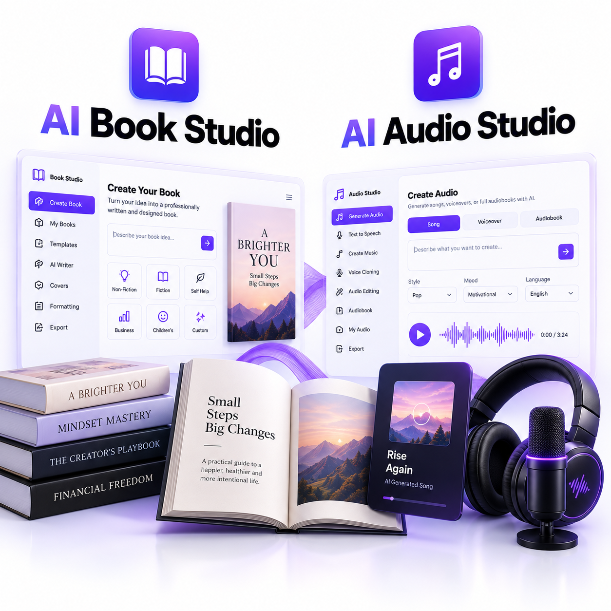 AI Book Studio and AI Audio Studio — turn ideas into finished books, songs, voiceovers and audiobooks