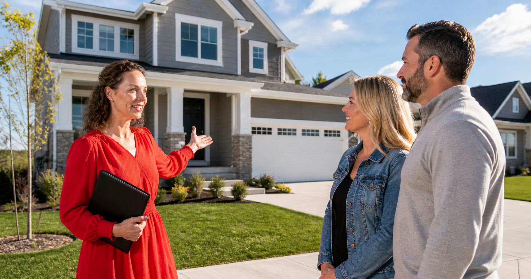 Real estate agent showing new construction home to buyers in Plainfield and Oswego Illinois neighborhood