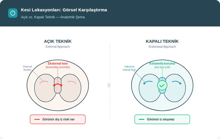 Burun estetik ameliyatlarında kapalı teknik açık teknik karşılaştırması
