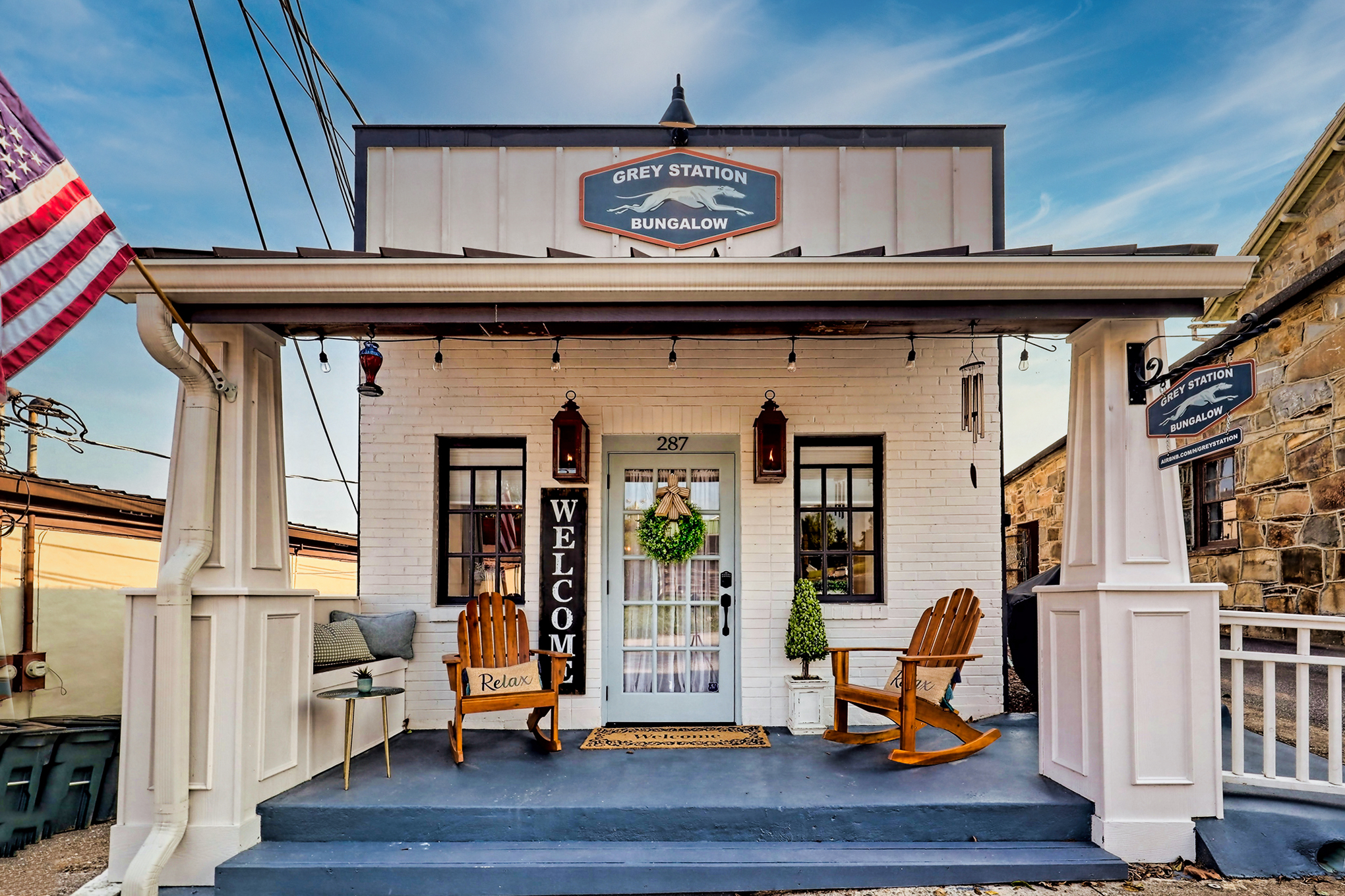 Grey Station Bungalow porch, steps from downtown Blue Ridge, Georgia