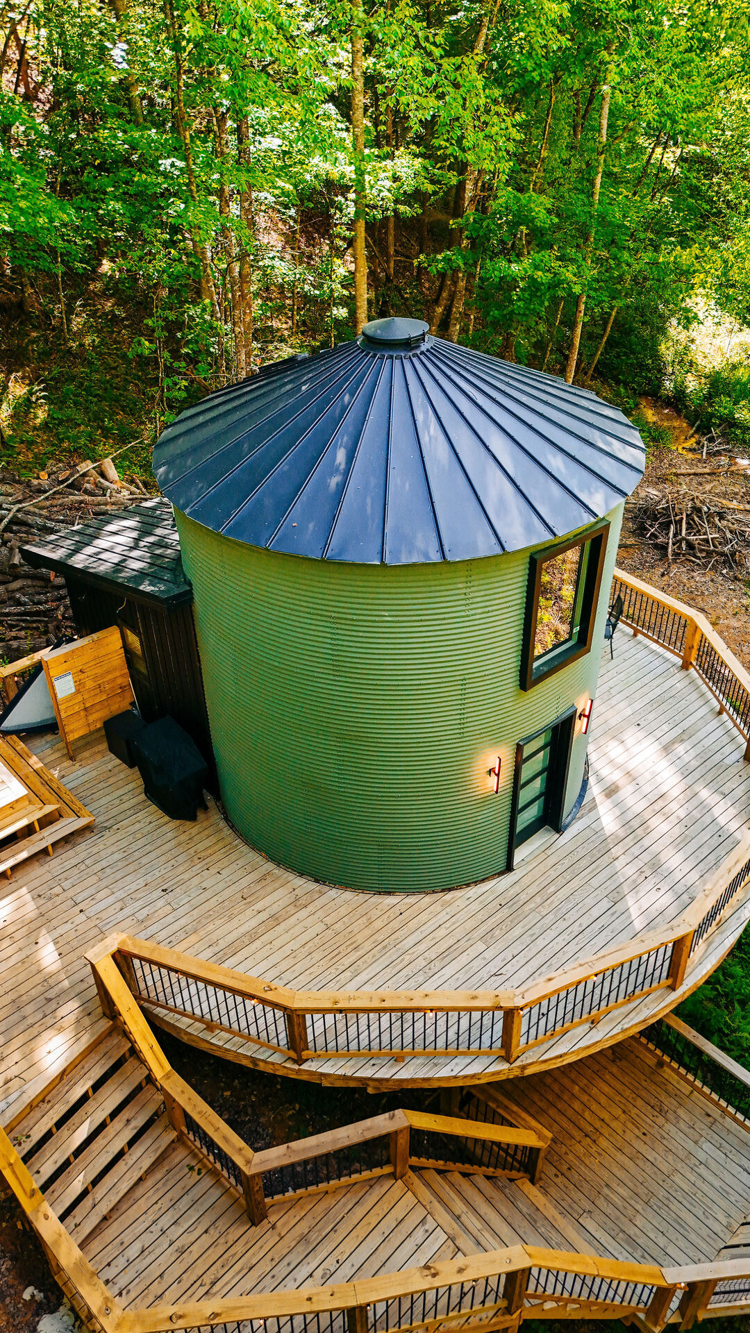 The Yoder silo, deck and footbridge from above
