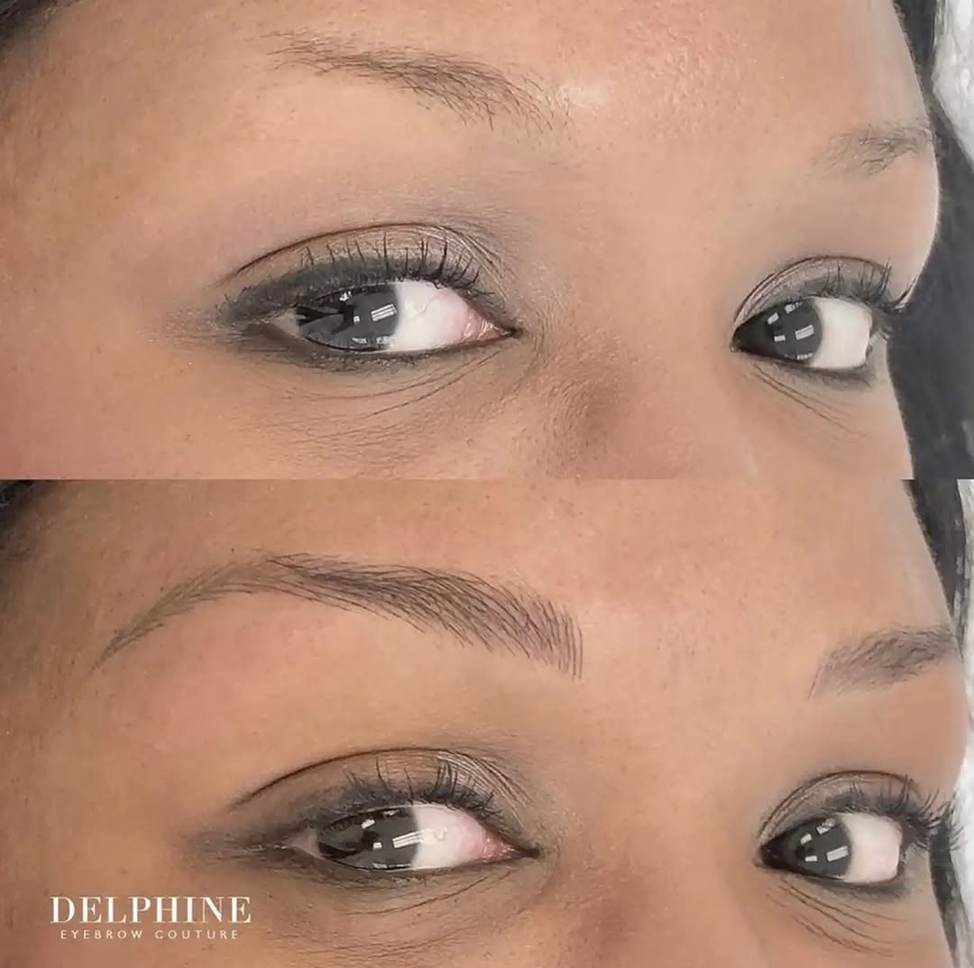 Eyebrow restoration by Delphine, before and after