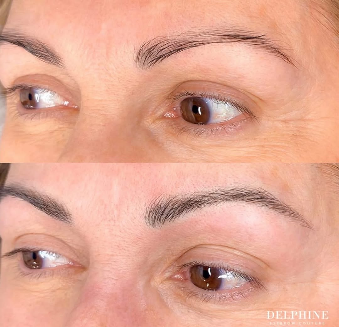 Eyebrow restoration by Delphine, before and after