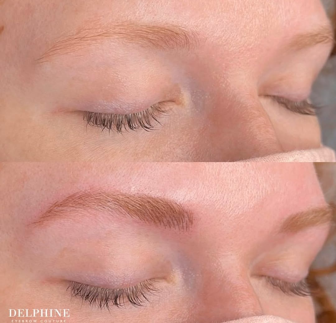 Eyebrow restoration by Delphine, before and after