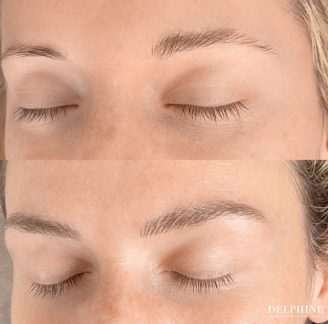 Eyebrow restoration by Delphine, before and after