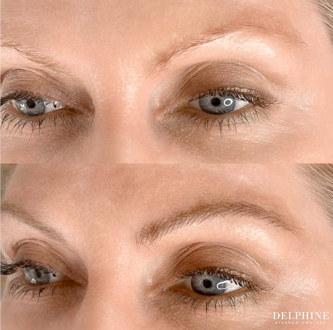 Eyebrow restoration by Delphine, before and after