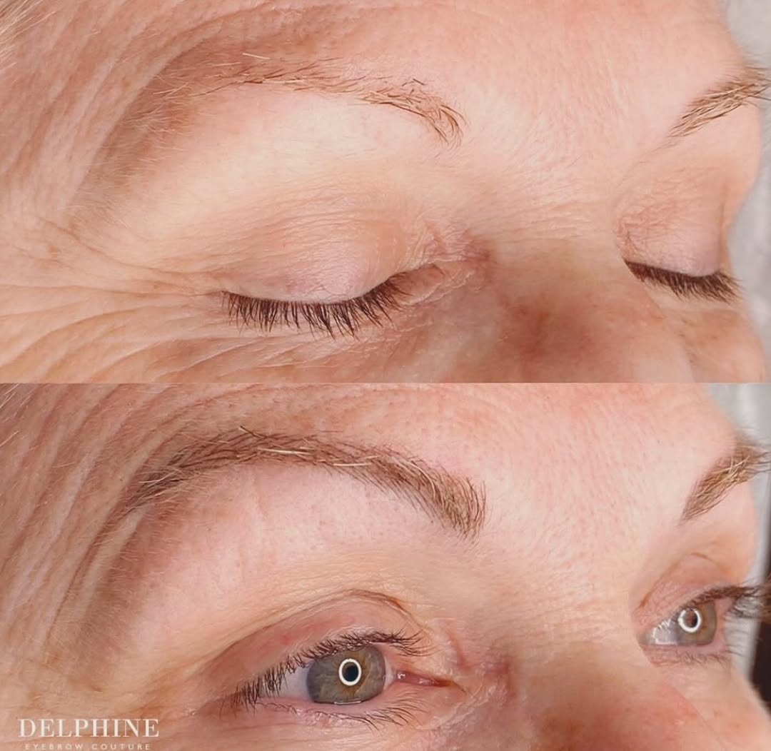 Eyebrow restoration by Delphine, before and after