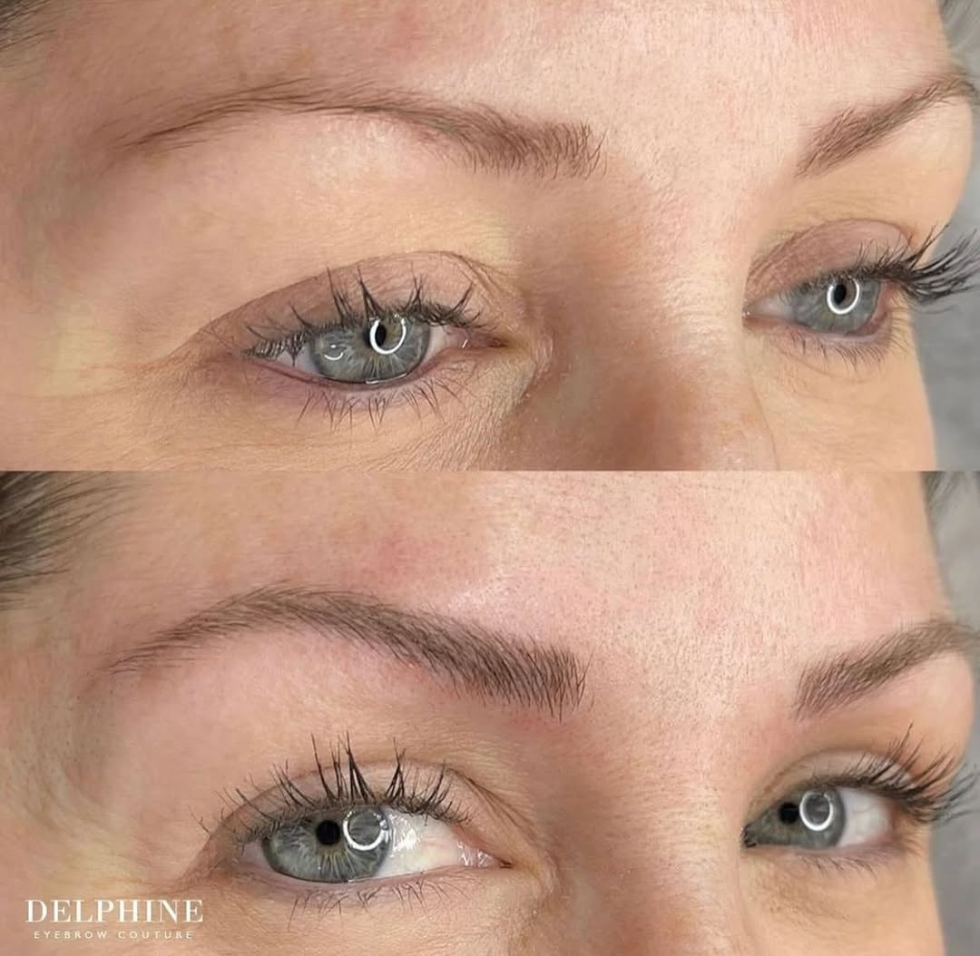 Eyebrow restoration by Delphine, before and after