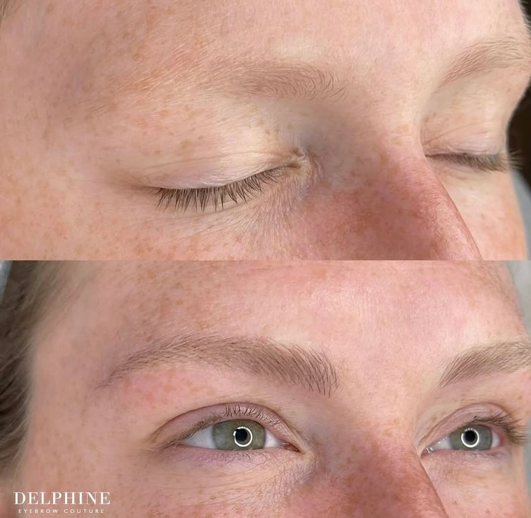 Eyebrow restoration by Delphine, before and after