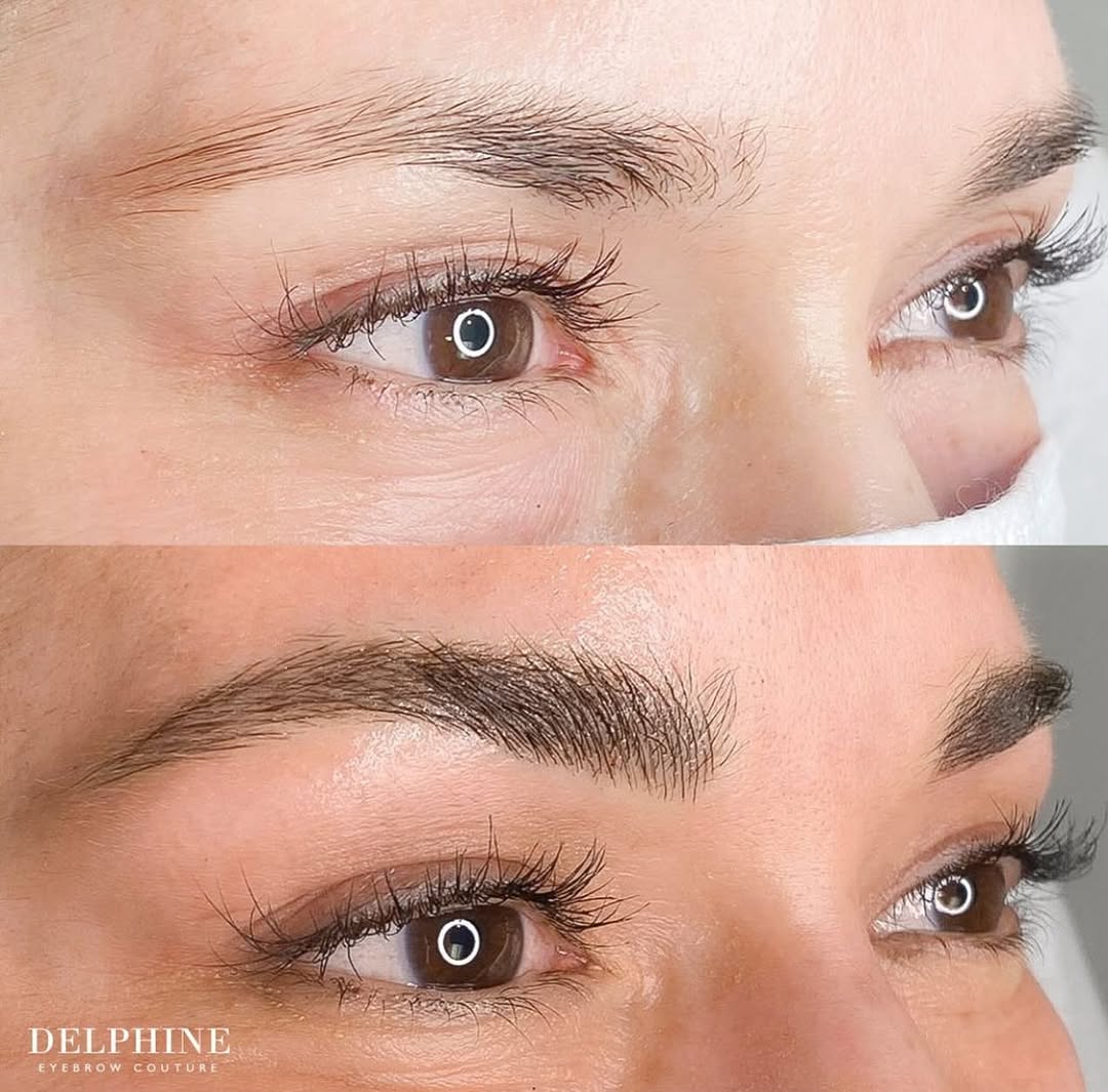 Eyebrow restoration by Delphine, before and after