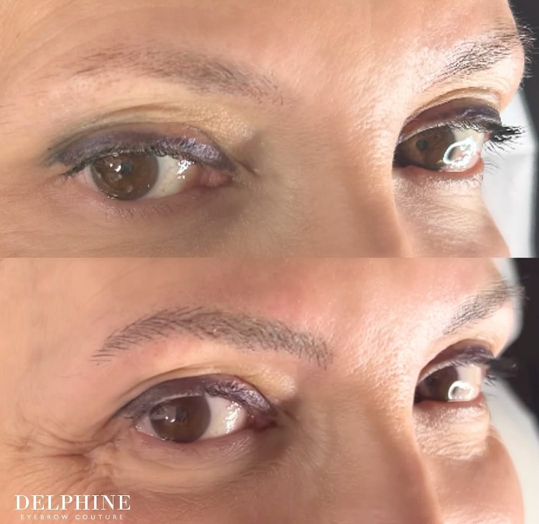 Eyebrow restoration by Delphine, before and after