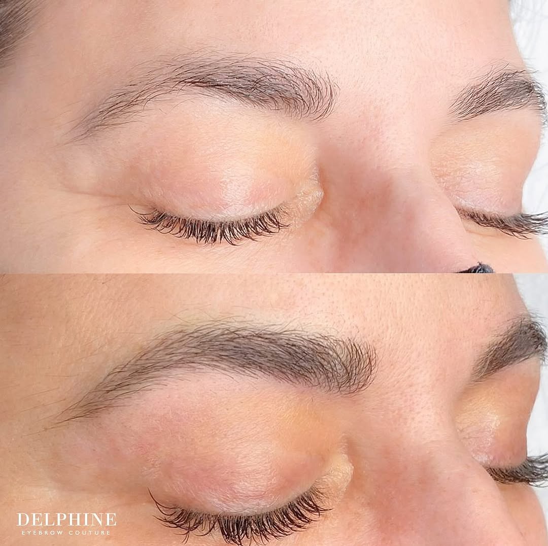 Eyebrow restoration by Delphine, before and after