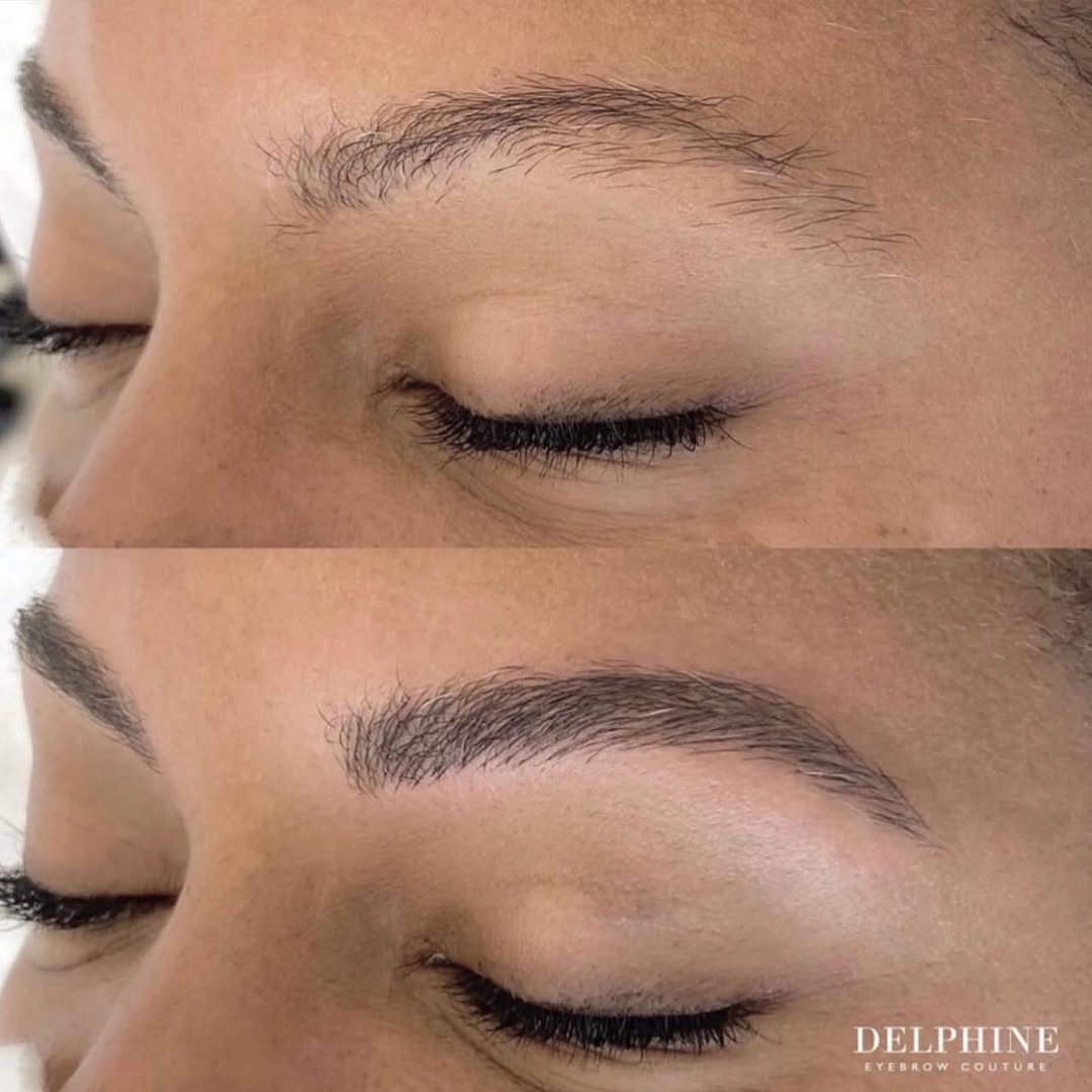 Eyebrow restoration by Delphine, before and after