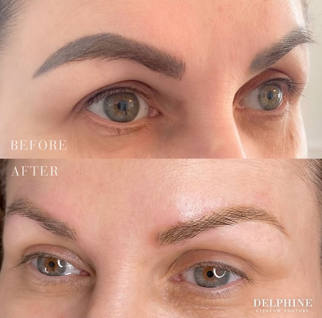 Eyebrow restoration by Delphine, before and after