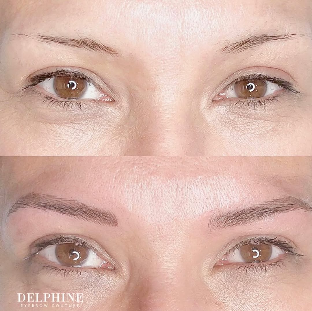 Eyebrow restoration by Delphine, before and after
