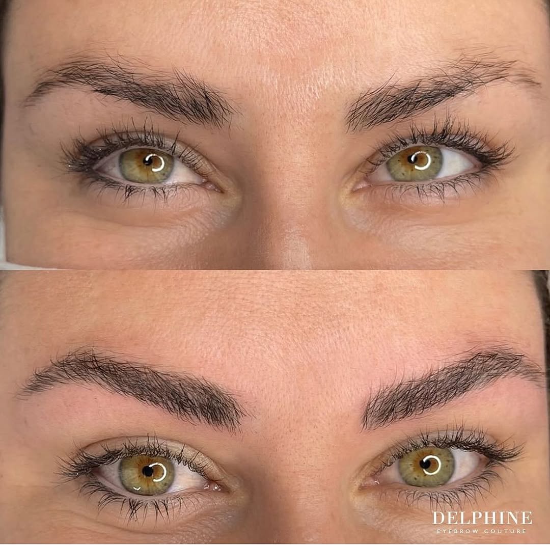 Eyebrow restoration by Delphine, before and after