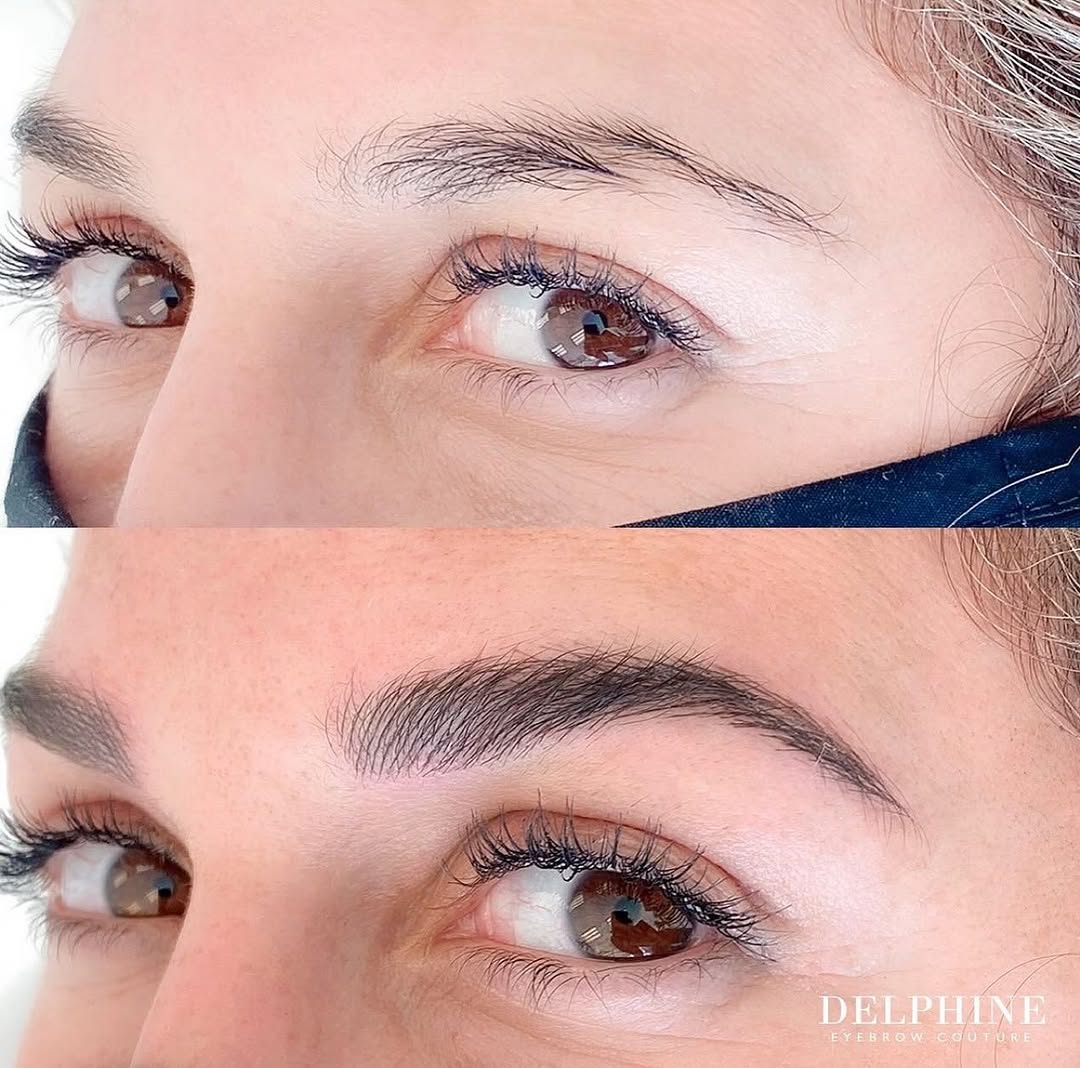 Eyebrow restoration by Delphine, before and after
