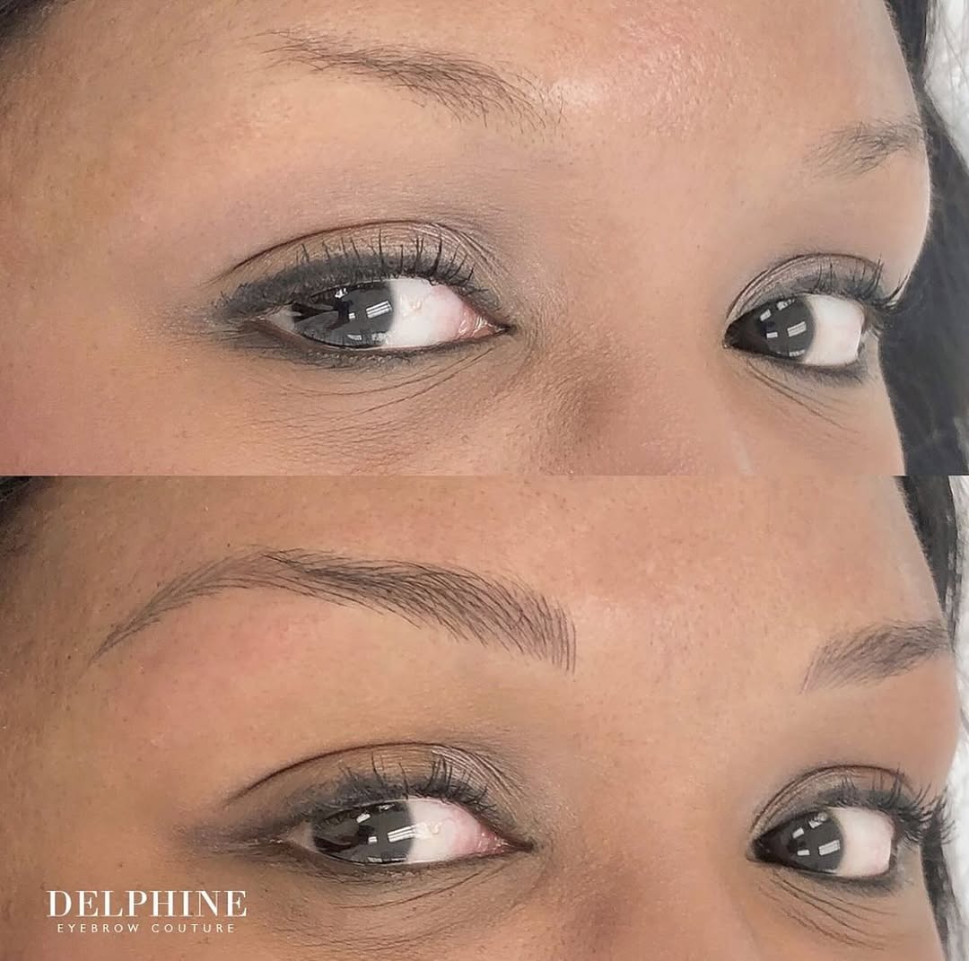 Eyebrow restoration by Delphine, before and after