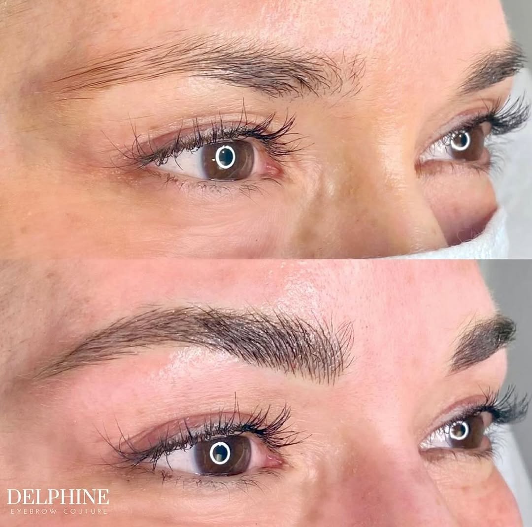Eyebrow restoration by Delphine, before and after