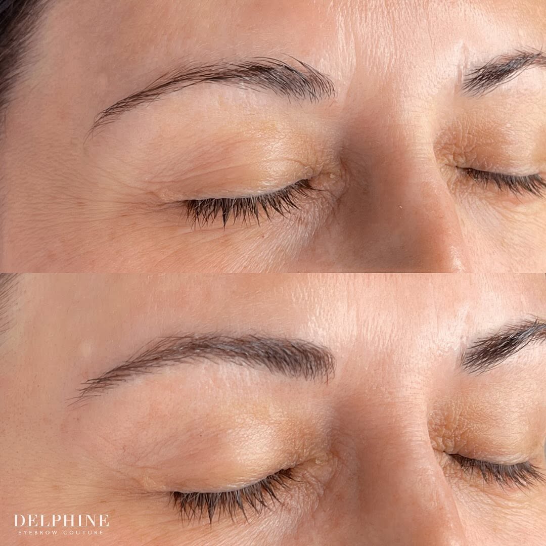Eyebrow restoration by Delphine, before and after