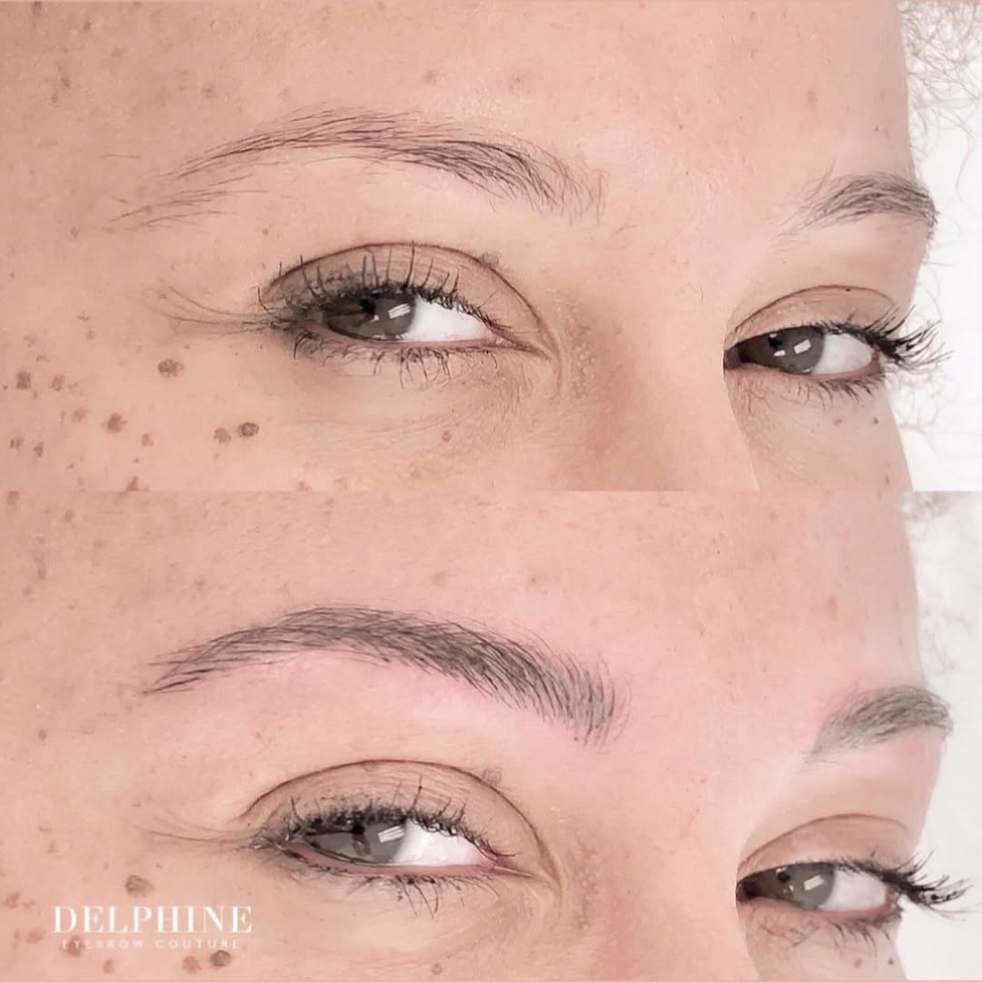 Eyebrow restoration by Delphine, before and after
