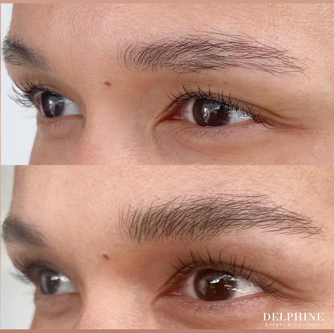 Eyebrow restoration by Delphine, before and after