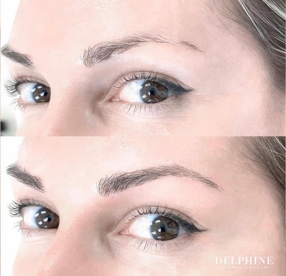 Eyebrow restoration by Delphine, before and after