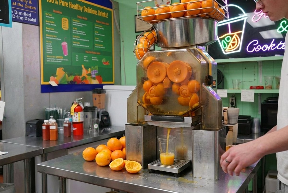 Fresh-squeezed orange juice being bottled beside a citrus press