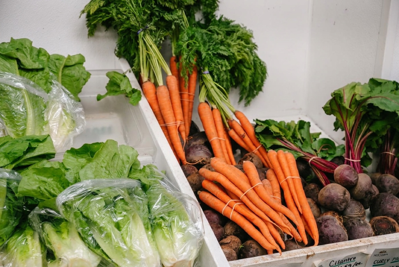 Fresh carrots, beets, and lettuce in the veggie cases