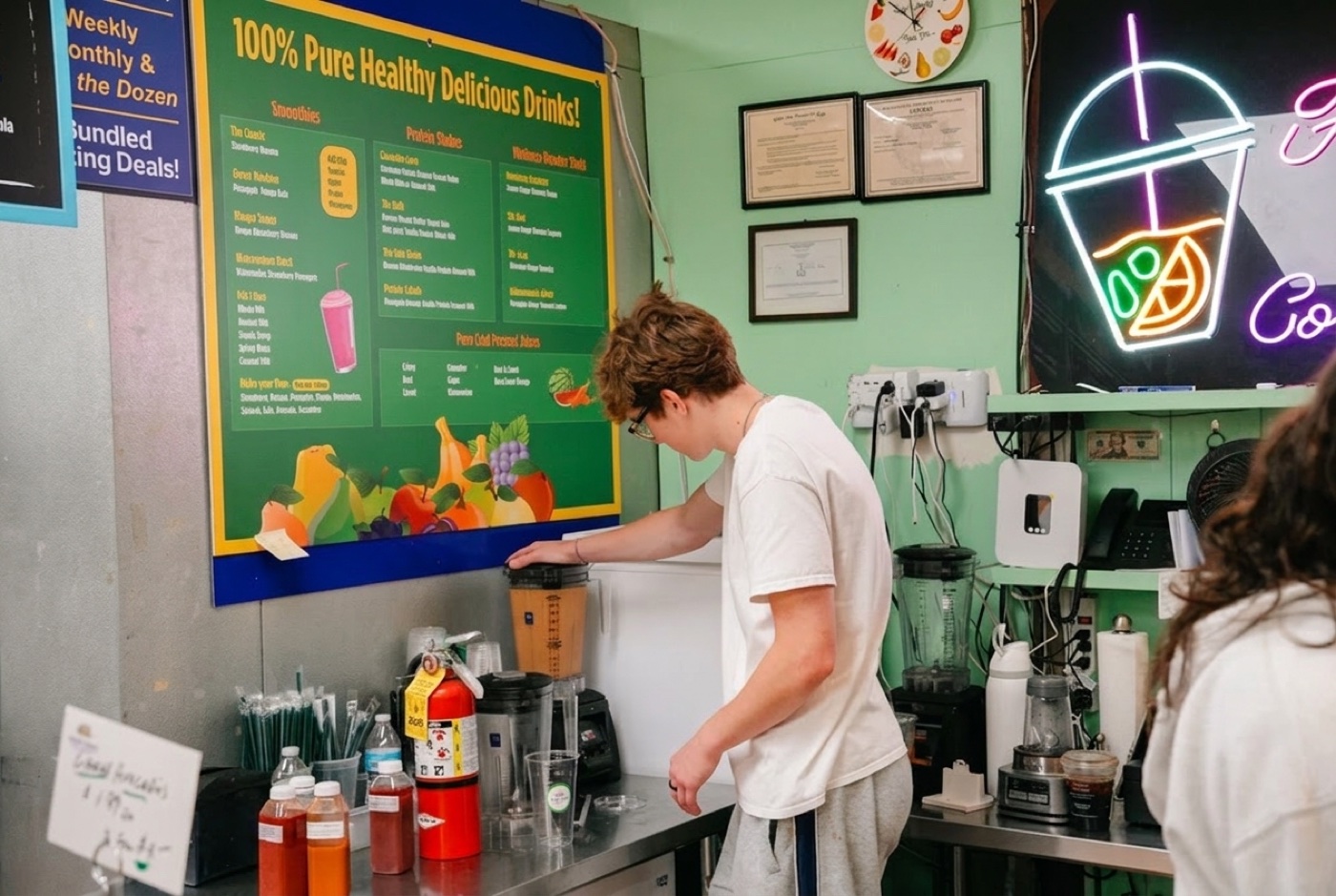 The team blending smoothies at the juice bar
