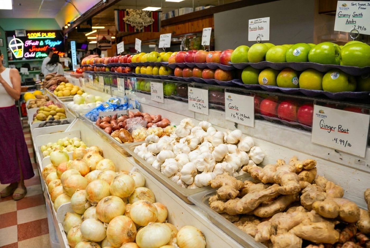 Produce aisles inside the Newtown Amish Farmer's Market