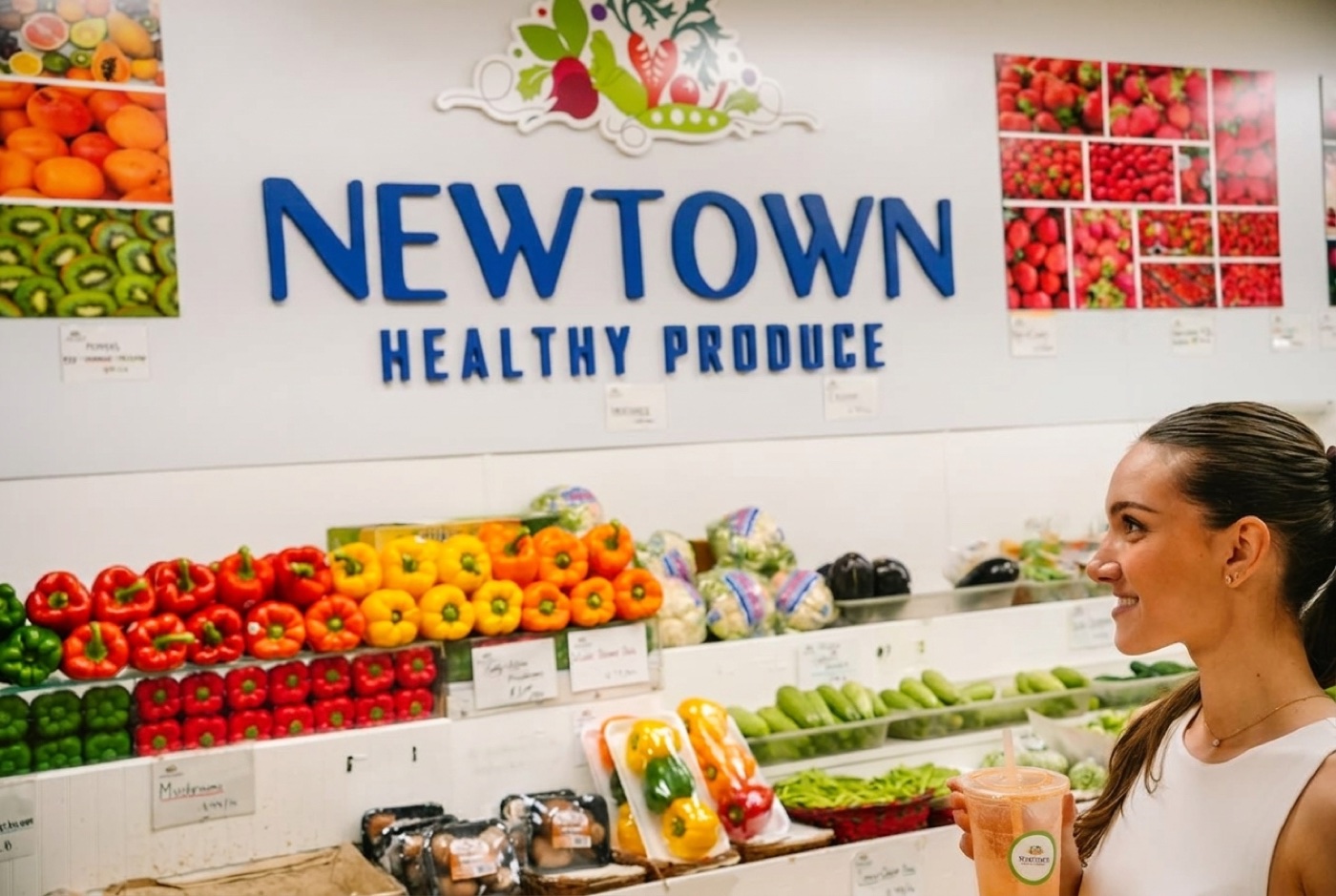 A shopper browsing the pepper wall under the Newtown sign