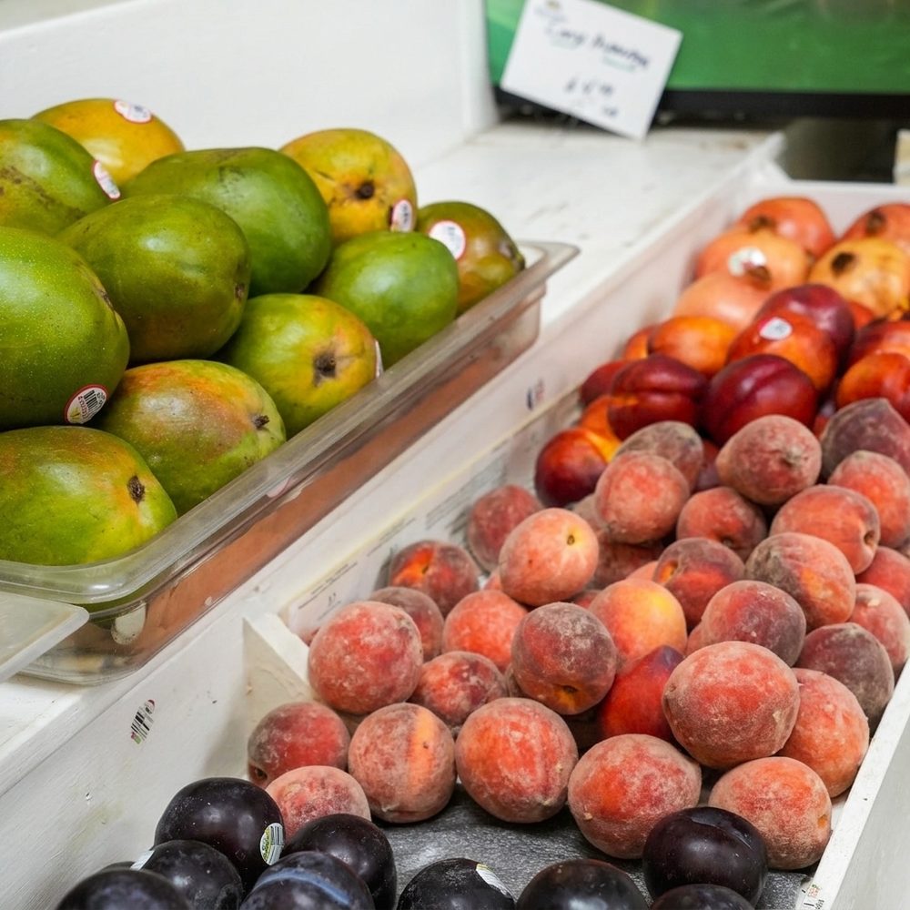 Mangoes, peaches and plums
