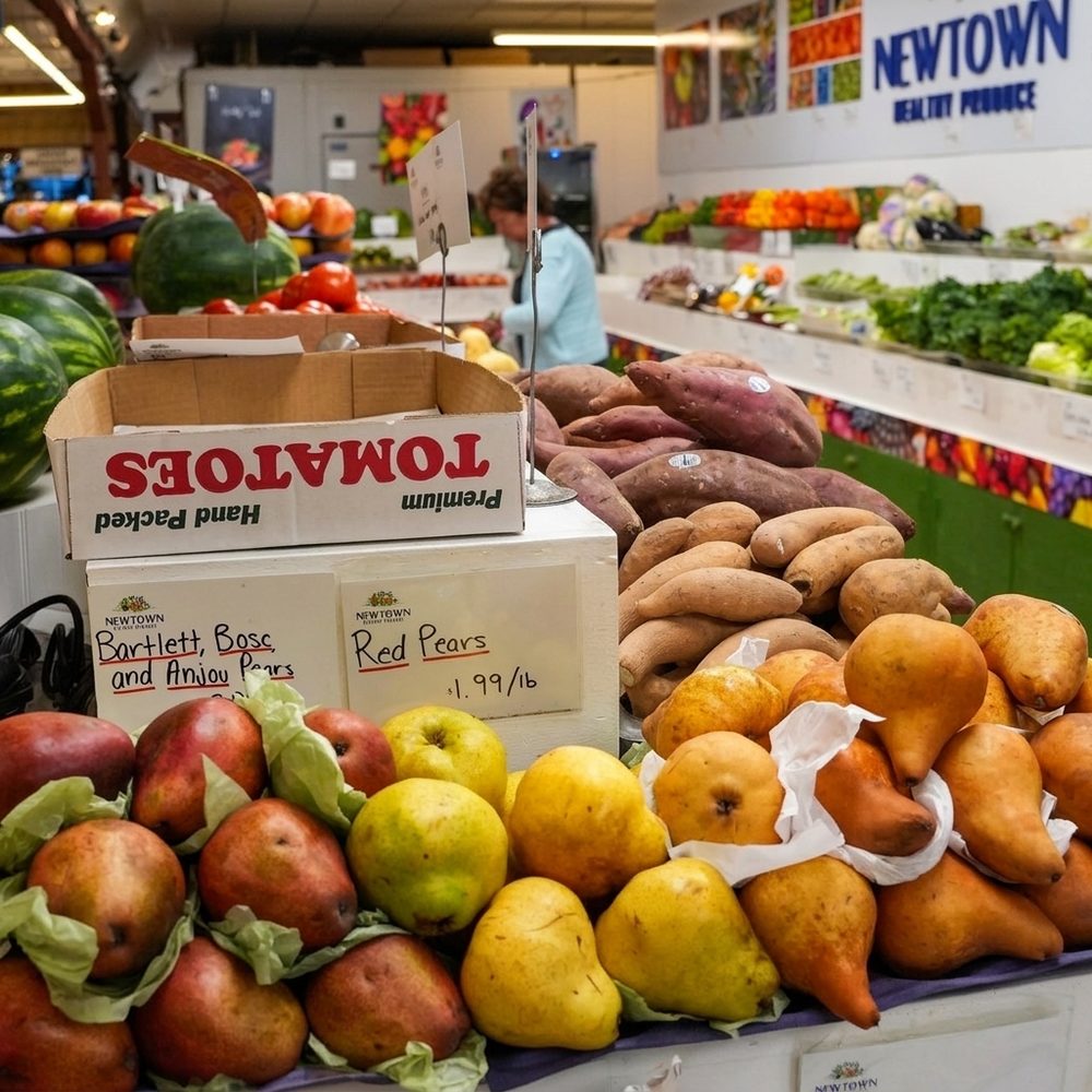 Pears and tomatoes in crates
