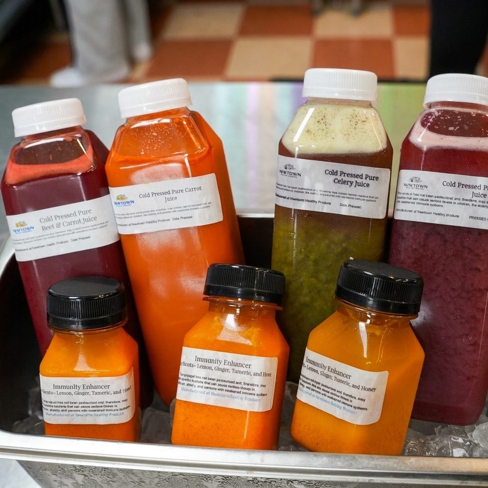 Cold-pressed juice bottles on the counter