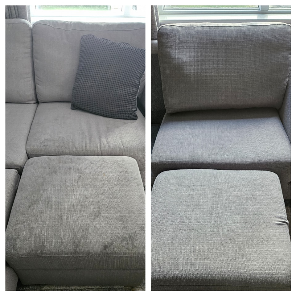 Before and after couch cleaning - dramatic fabric restoration by Freshen Professional in Balbriggan