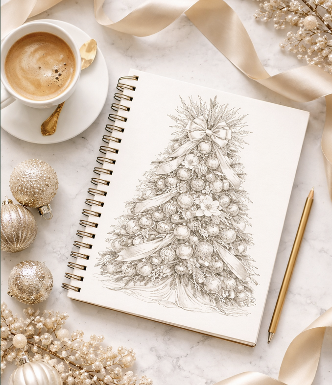 pencil drawing of christmas tree with gold frills