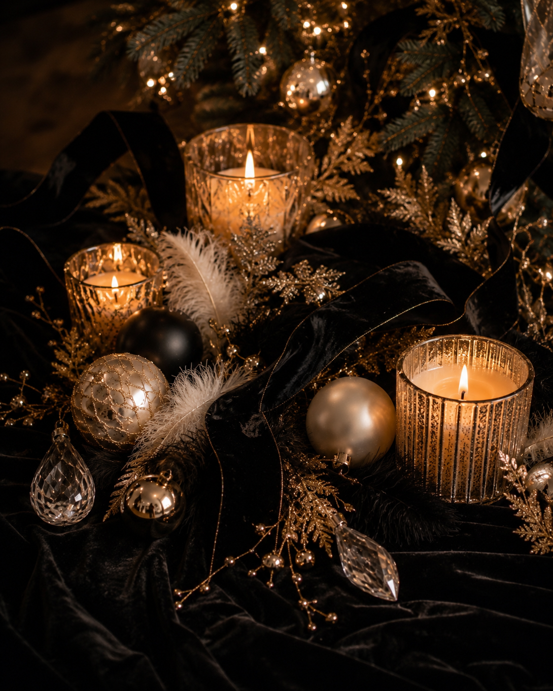 pencil drawing of christmas tree with gold frills