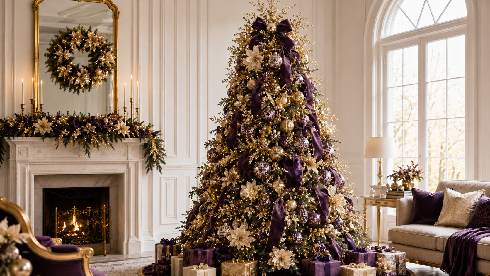 Purple gold Christmas tree living room 